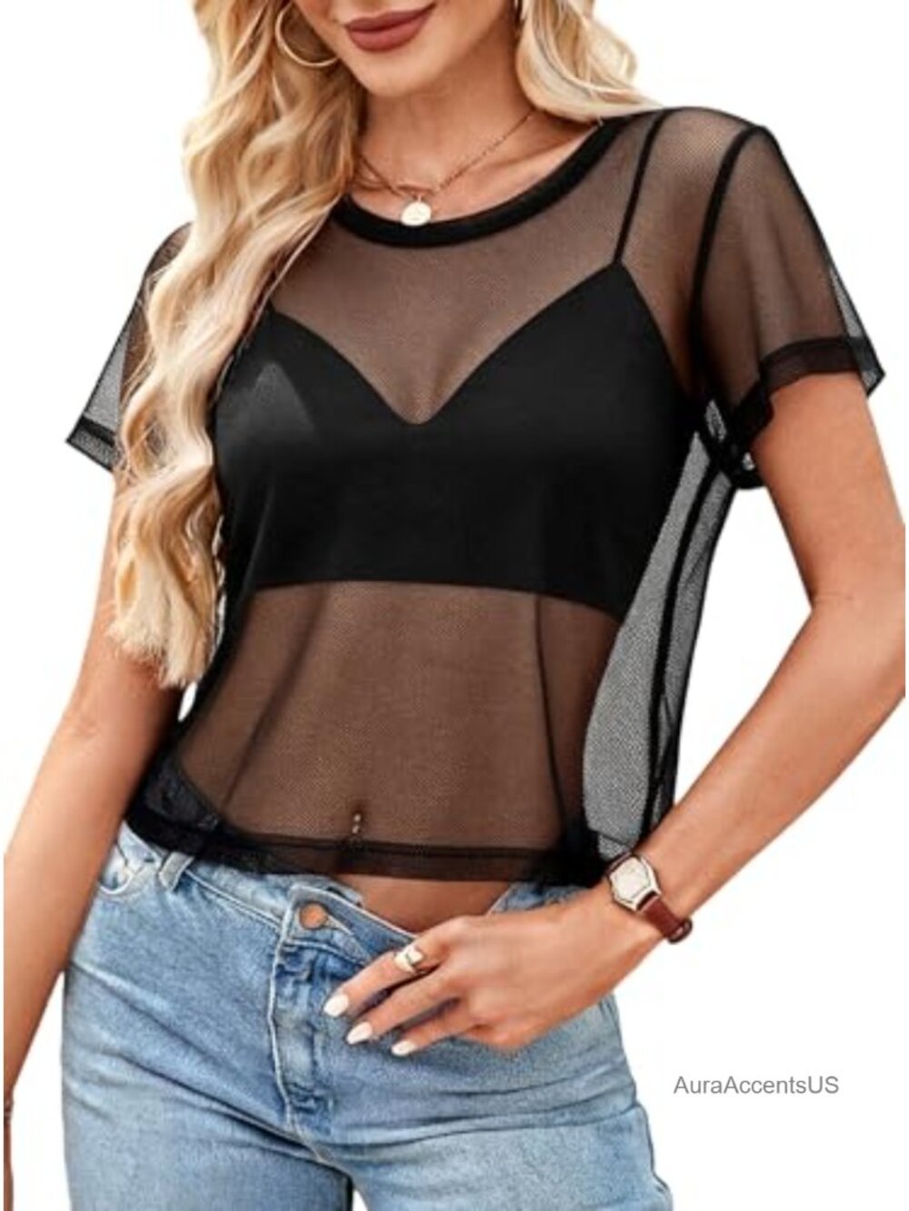 Sheer Mesh Crop Top Short Sleeve Crew Neck Boxy Fit